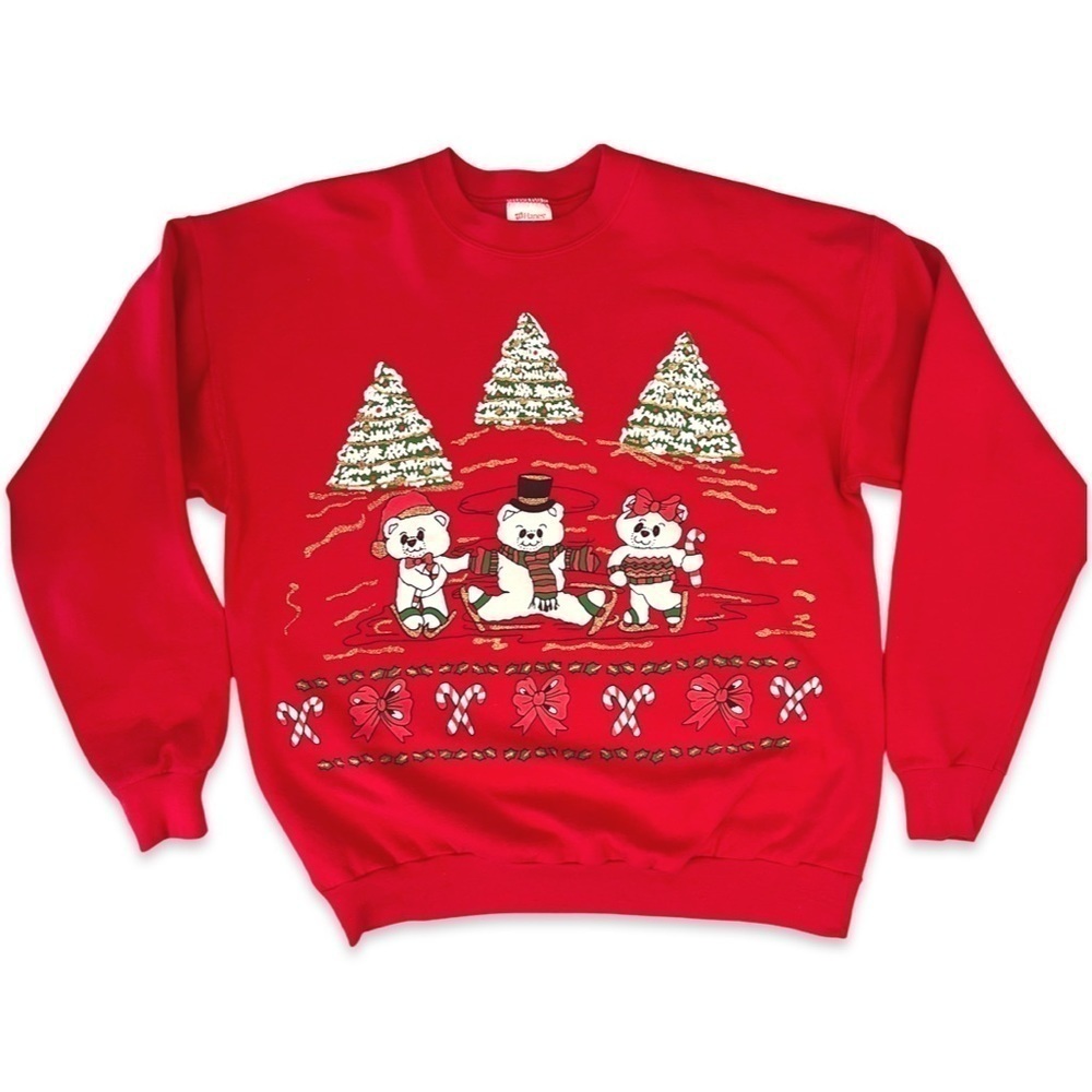 Vintage Hanes Christmas Ugly Sweatshirt Teddy Bear Holiday Crewneck (Adult L) - Picture 2 of 6